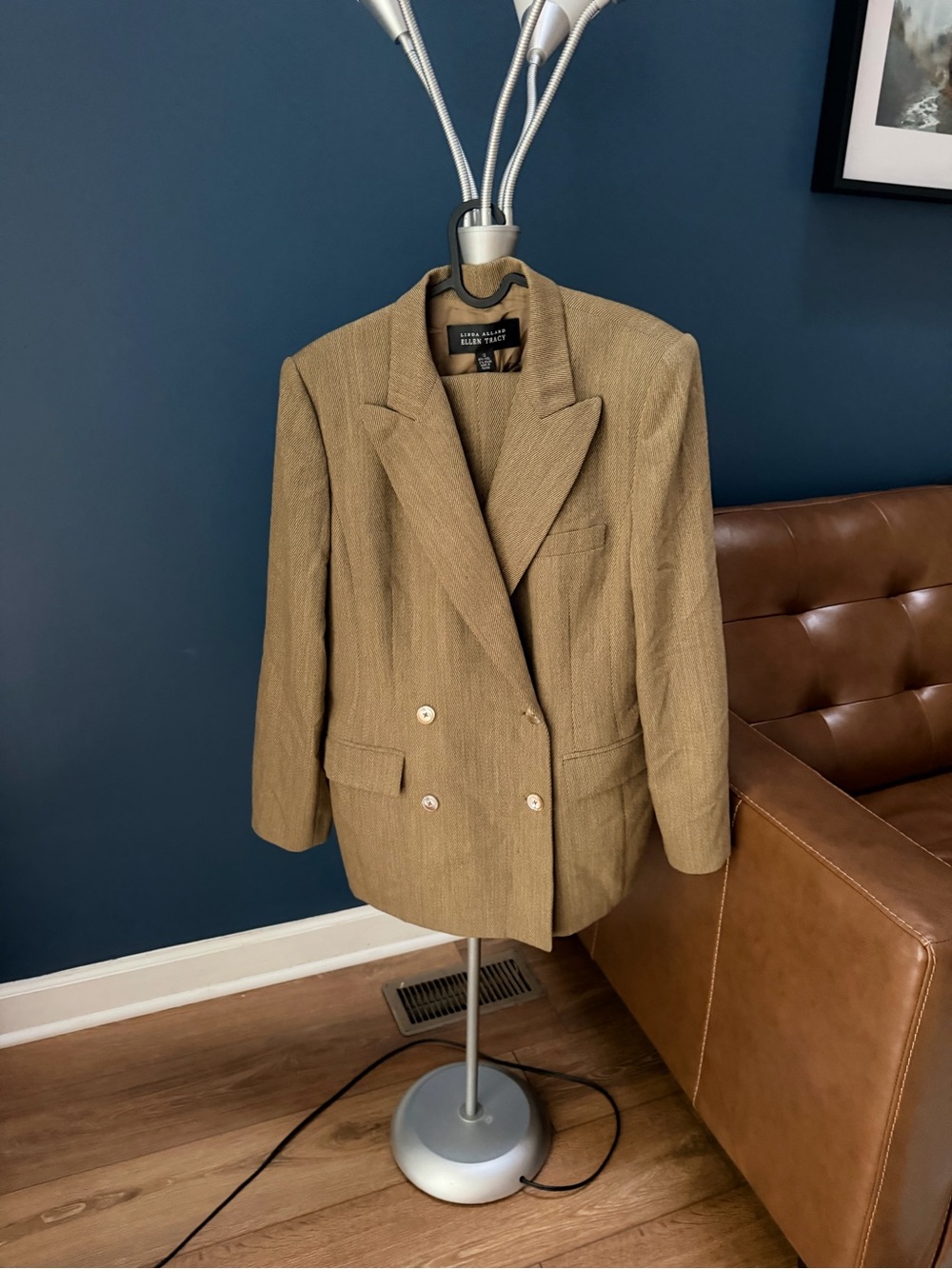 Linda Allard Ellen Tracy Vintage 95% Wool Pantsuit Set Tan Blazer Trousers Sz 12